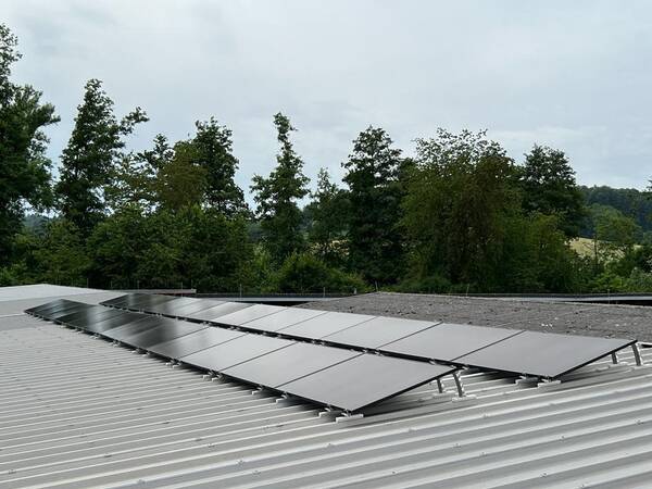 Photovoltaikanlage auf Metalldach mit Nadelbäumen im Hintergrund und grauem Himmel