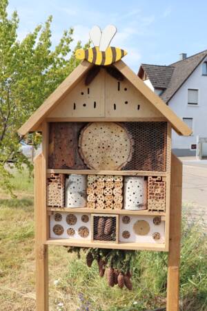 Insektenhotel mit großer Holzbiene, im Hindergrund Straße mit Häusern