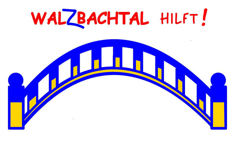 Walzbachtal Hilft Logo. Walzbachtal Schriftzug mit einer blauen Brücke abgebildet. 