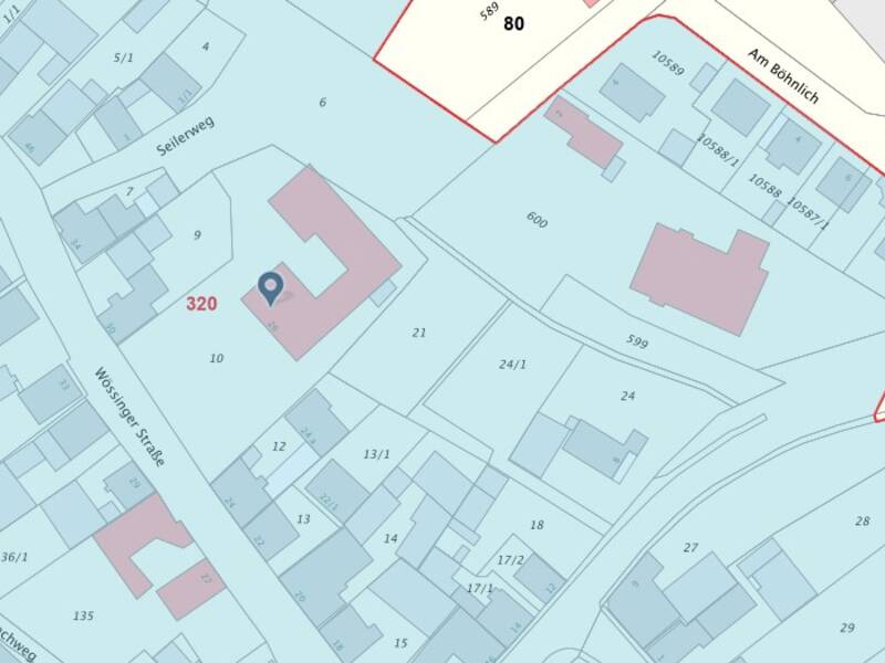 Plan zur Übersicht der Grundstückspreise  aus dem Programm BORIS BW, es zeigt das Grundstück des Rathauses an