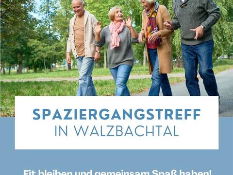 Plakat zum Spazierungstreff mit vier älteren Personen die im Grünen laufen.