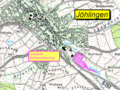 Es ist ein Ortsplan von Jöhlingen zu stehen, auf der Bereich der Beckensanierung in farblich hervorgehoben wird.