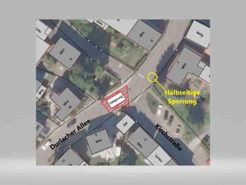Luftbild der geplanten SperrungKreuzungsbereich Durlacher Allee/Kirchstraße in Wössingen
