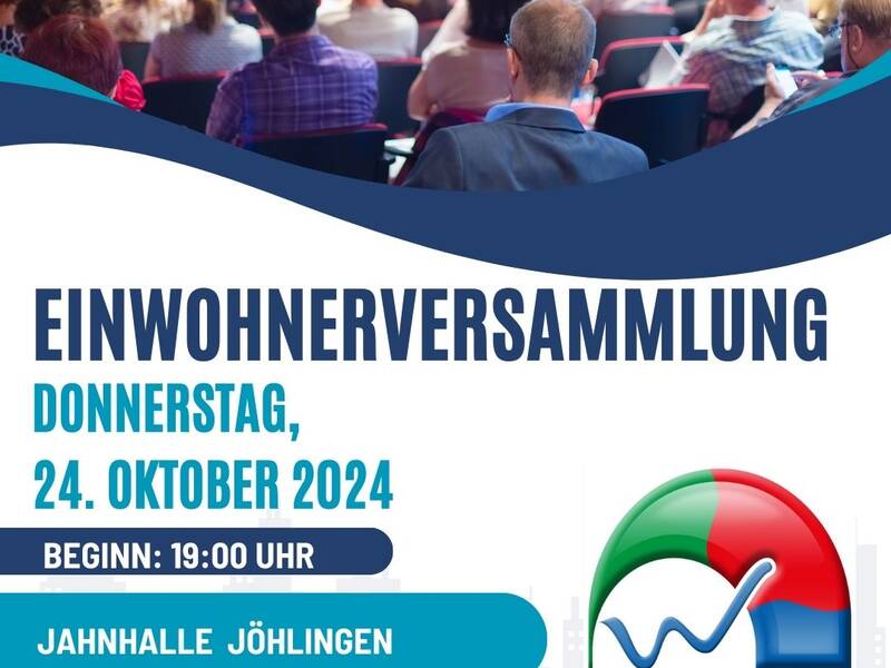 Plakat zur Ankündigung der Einwohnerversmmlung mit Menschenmenge und Walzbachtaler Logo