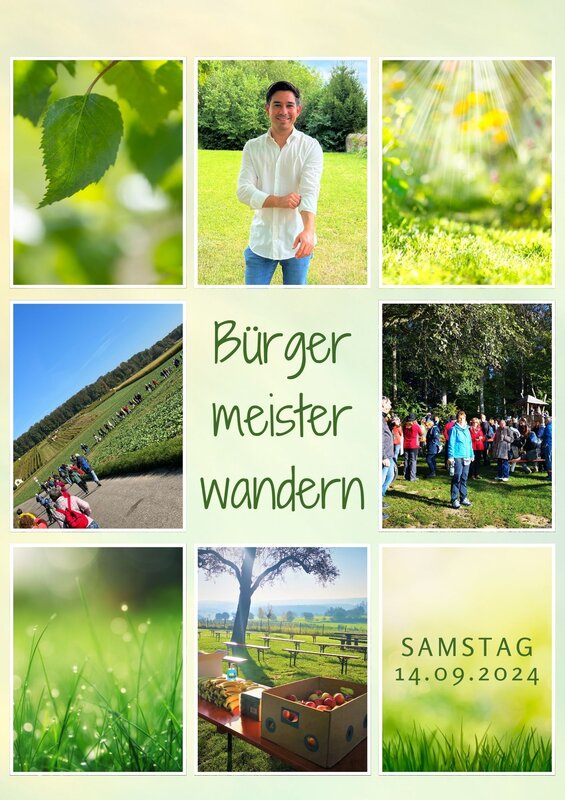 Plakat zum Bürgermeisterwandern mit Wandergruppe und Bürgermeister Özcan