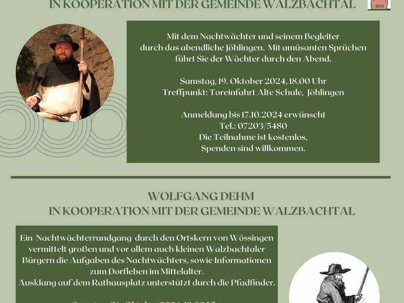 Werbeplakat für Nachtwächterrundgänge in Jöhlingen und Wössingen