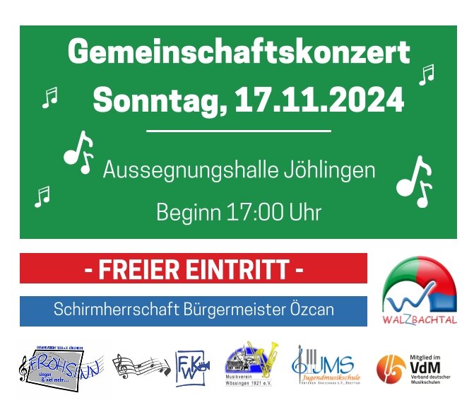 Werbeplakat für ein Gemeinschaftskonzert am Sonntag, 17.11.2024, in der Aussegnungshalle Jöhlingen um 17:00 Uhr, mit freiem Eintritt und Schirmherrschaft von Bürgermeister Özcan.