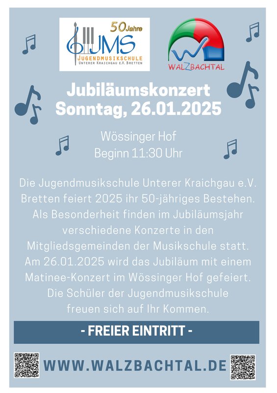 Ein Plakat für das Jubiläumskonzert der Jugendmusikschule Unterer Kraichgau e.V. am 26. Januar 2025 im Wössinger Hof mit freiem Eintritt, das den 50. Jahrestag feiert.