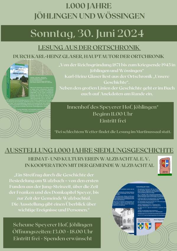 Plakat zur lesung und Ausstellung 1000 jahre jöhlingen und Wössingen