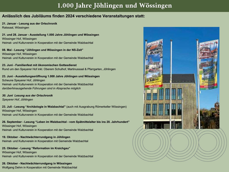 Auflistung der Veranstaltungen zum Jubiläum, diese sind auch im Veranstaltungskalender aufgeführt. Auf der linken Seite befinden sich zudem zwei Fahnen. Der Hintergrund ist hellgrün