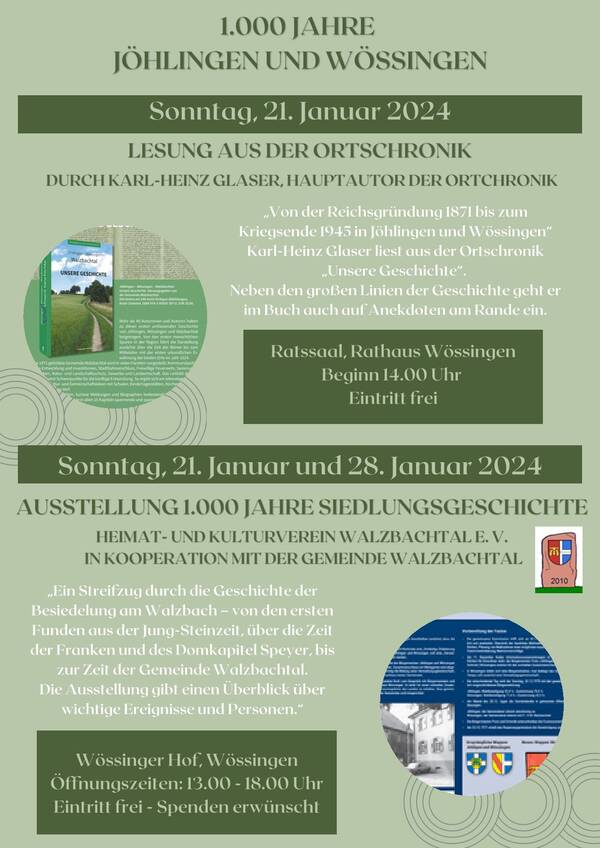 hellgrünes Plakat mit Veranstaltungshinweisen zu einer Lesung und einer Ausstellung