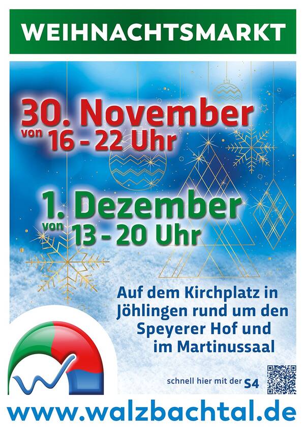 Plakat mit blauem Hintergrund und roter nd grüner Schrift zum Weihnachtsmarkt 2024