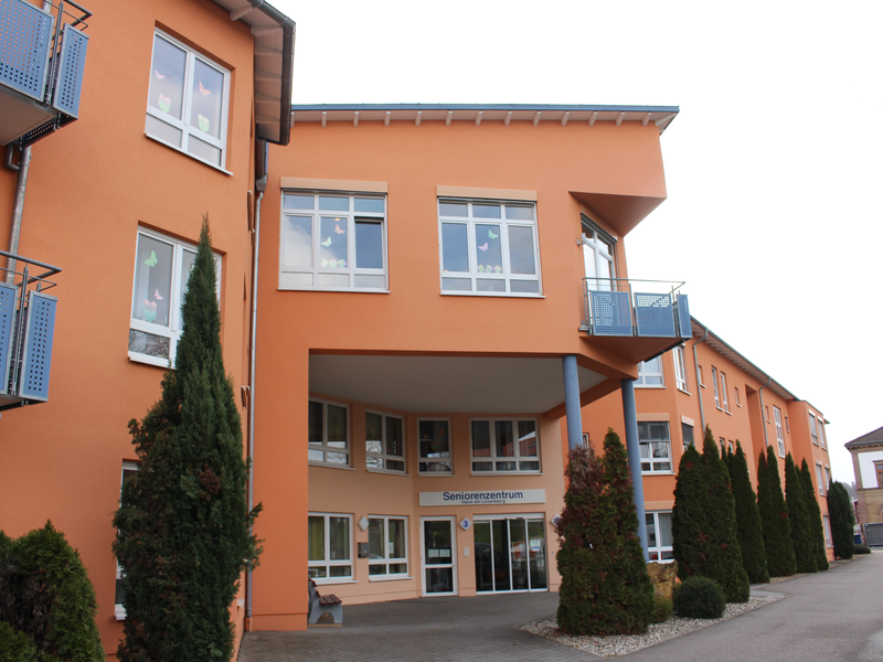 Haus am Losenberg. Aprikofarbene Fassade mit grau-blauen Balkonen. Davor einige Bäume