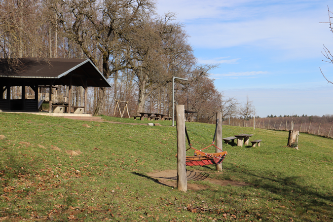 grüne Wiese mit roter Hängematte und eine Holzhütte im HIntergrund