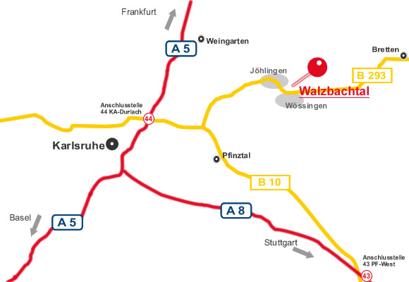 Lagekarte mit Ansicht der Verkehrsstraßen und Lage von Walzbachtal mit einer roten Pinnadel markiert